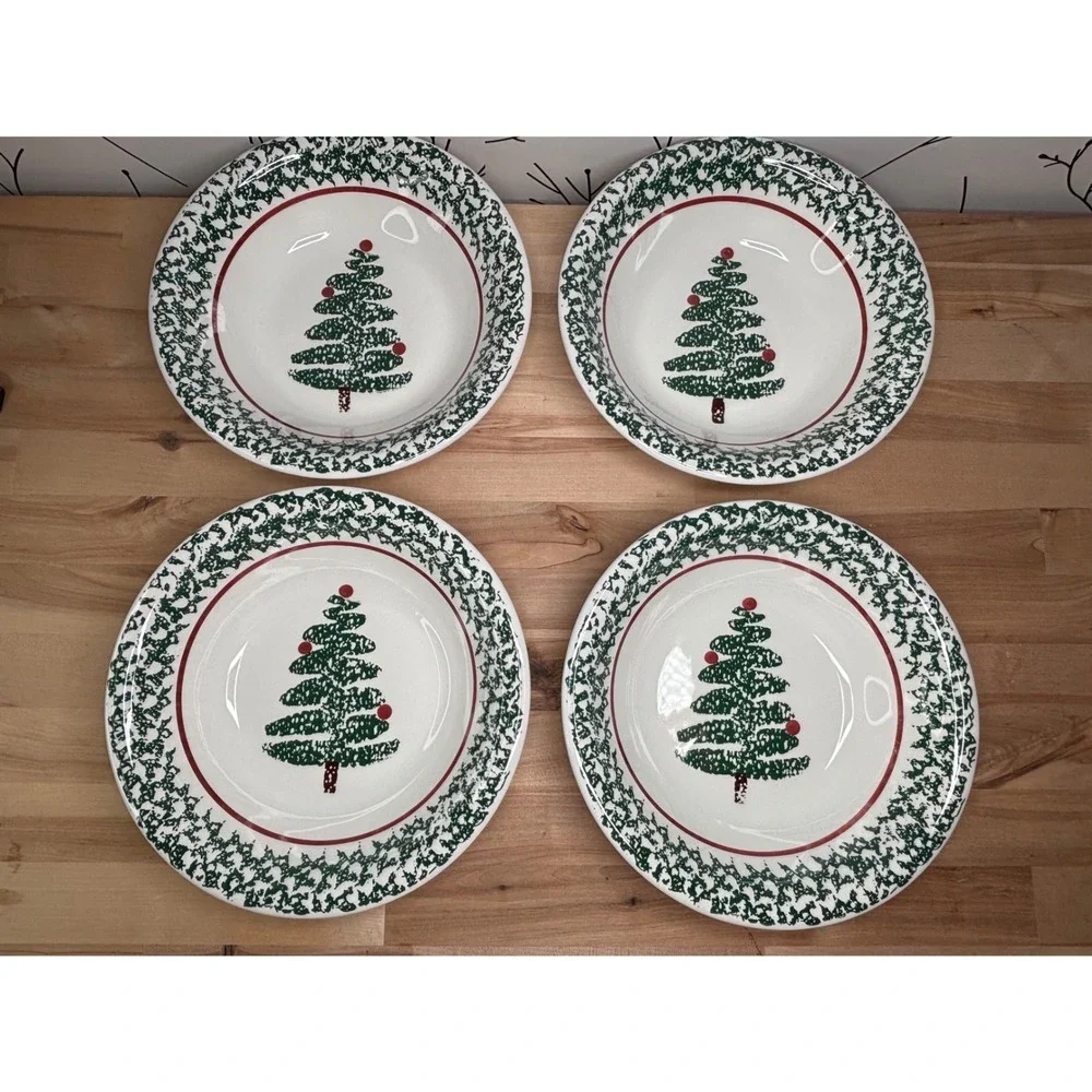Furio Christmas Tree Pasta Bowls Set of 4 Made in Italy Holiday Sponged Ceramic